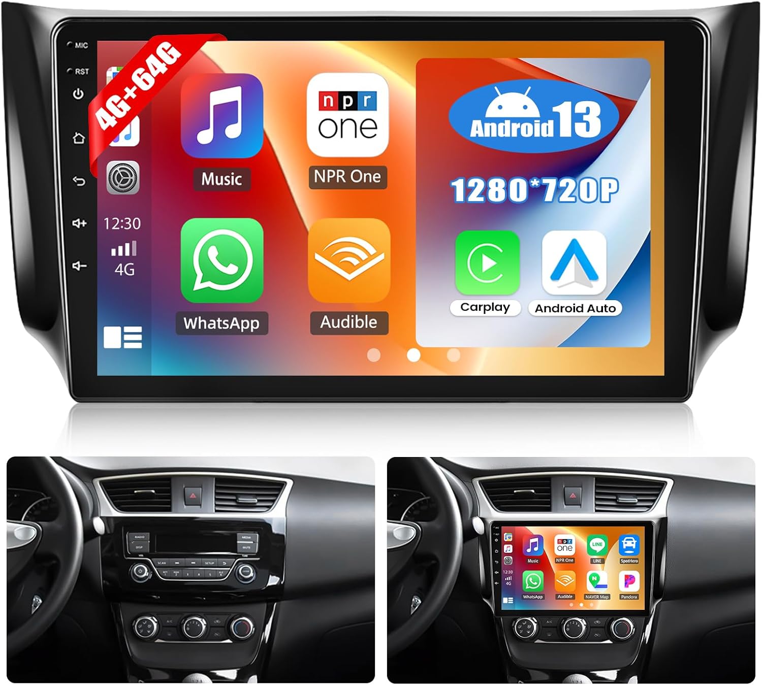 4 Core 4G+64G Car Stereo Radio for Nissan Sentra 2013-2017 Apple Carplay Android Auto 10.1" HD 1280 * 720 Touch Screen GPS Navigation Bluetooth 5.0 DSP 32EQ FM/RDS Mirror Link WiFi Backup Camera Mic