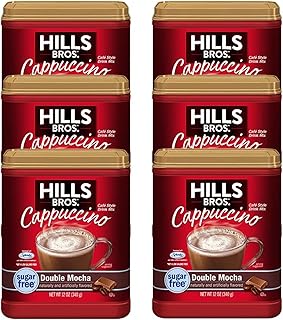 Hills Bros. Instant Sugar-Free Double Mocha Cappuccino Mix - Easy to Use, Enjoy Coffeehouse Flavor From Home - Frothy, Decadent Cappuccino With 0% Sugar and 10g of Carbs (Pack of 6)