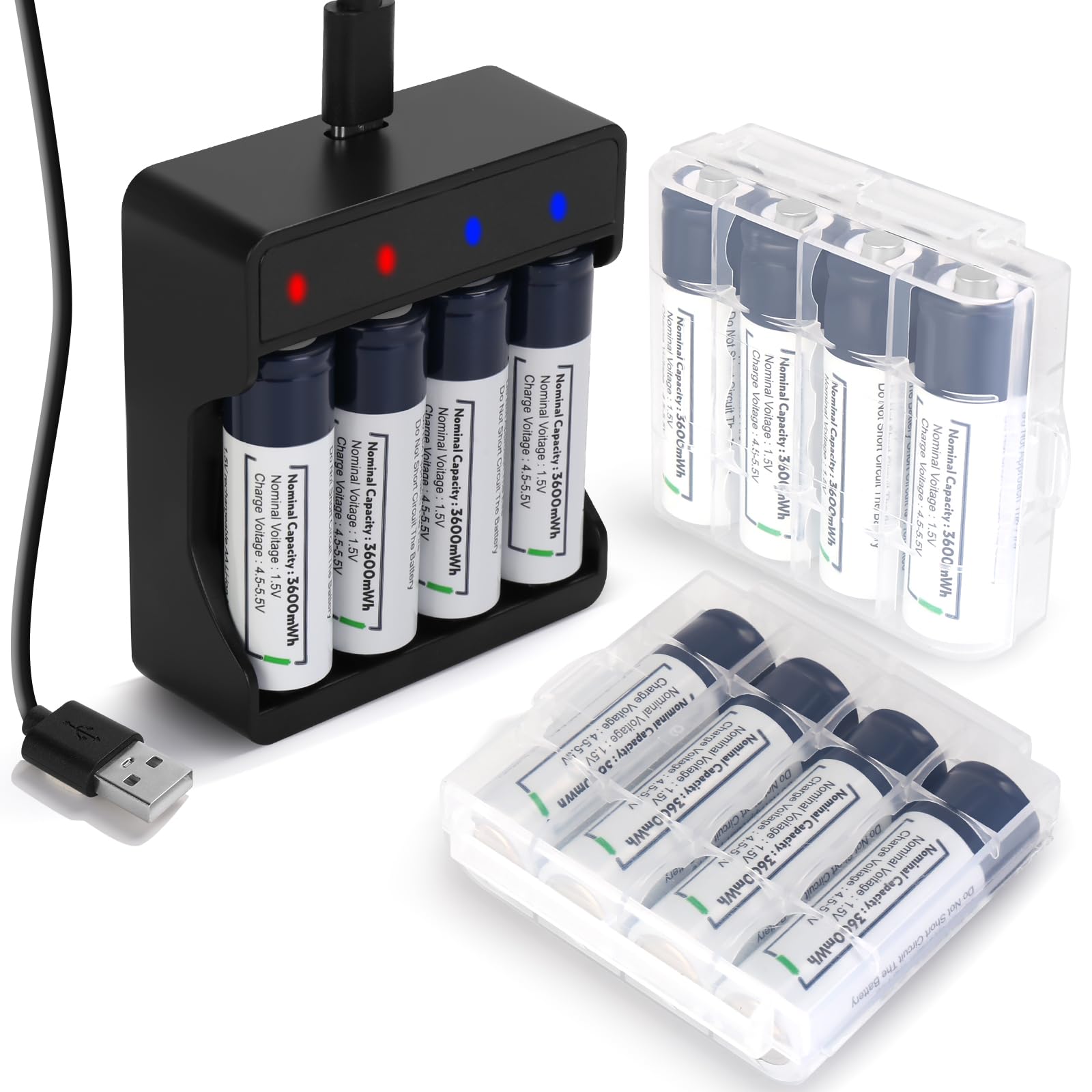 Rechargeable Lithium AA Batteries with Charger, 12 Pack 1.5V 3600mWh High-Capacity Double A Size Batteries for Blink Outdoor Camera, Xbox, Toy