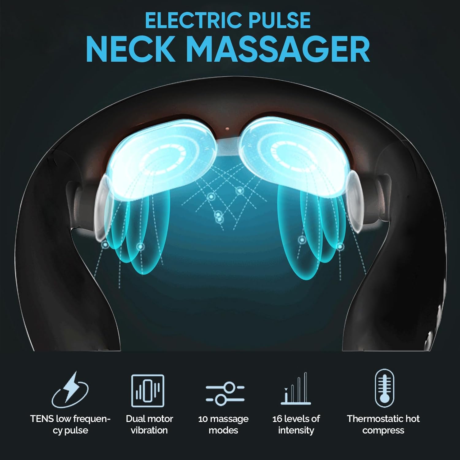 Electric Neck Massager with Heat - 10 Modes & 16 Levels, Portable for Travel, Perfect for Relaxation，Black