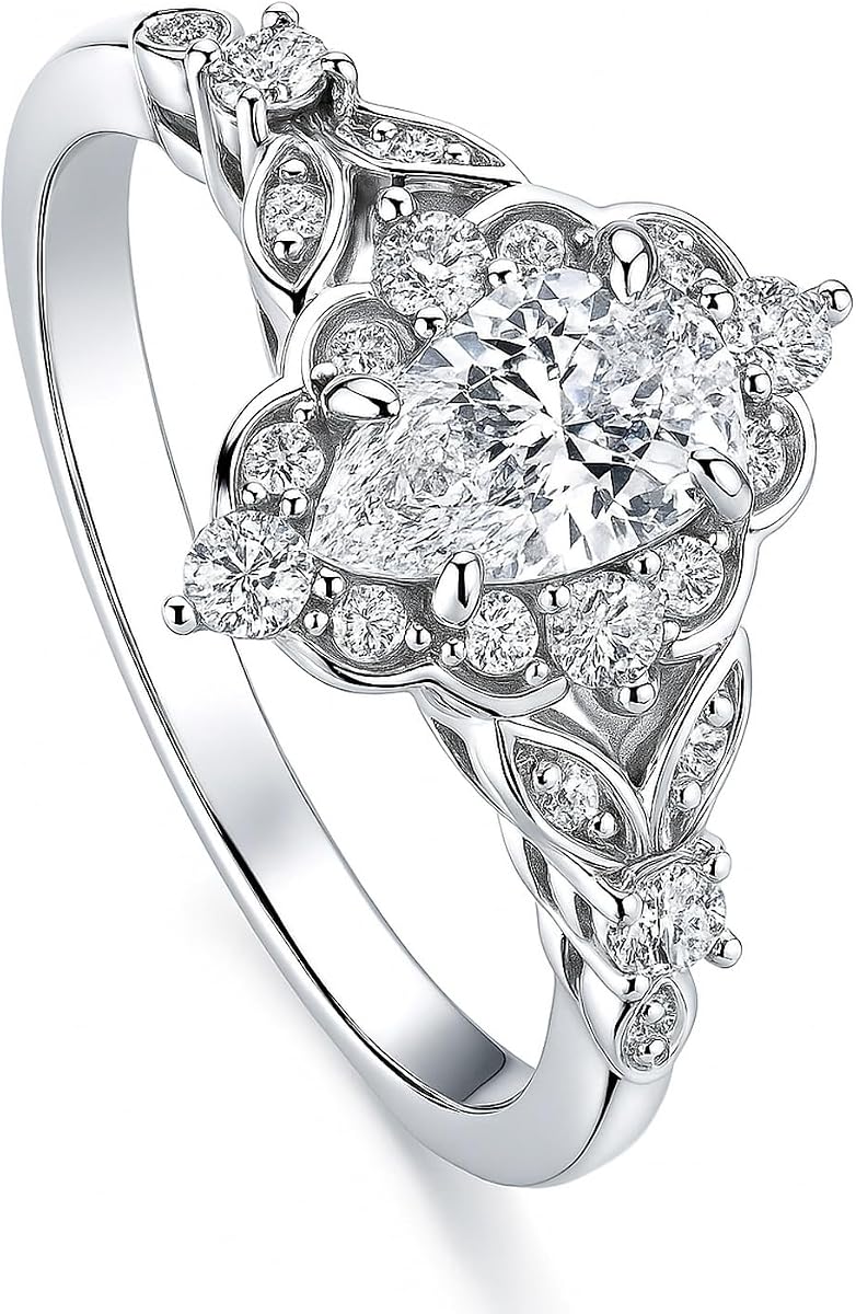 Anillos de compromiso de boda Art Déco con halo de plata de ley para ella, anillo con circonita cúbica de talla pera
