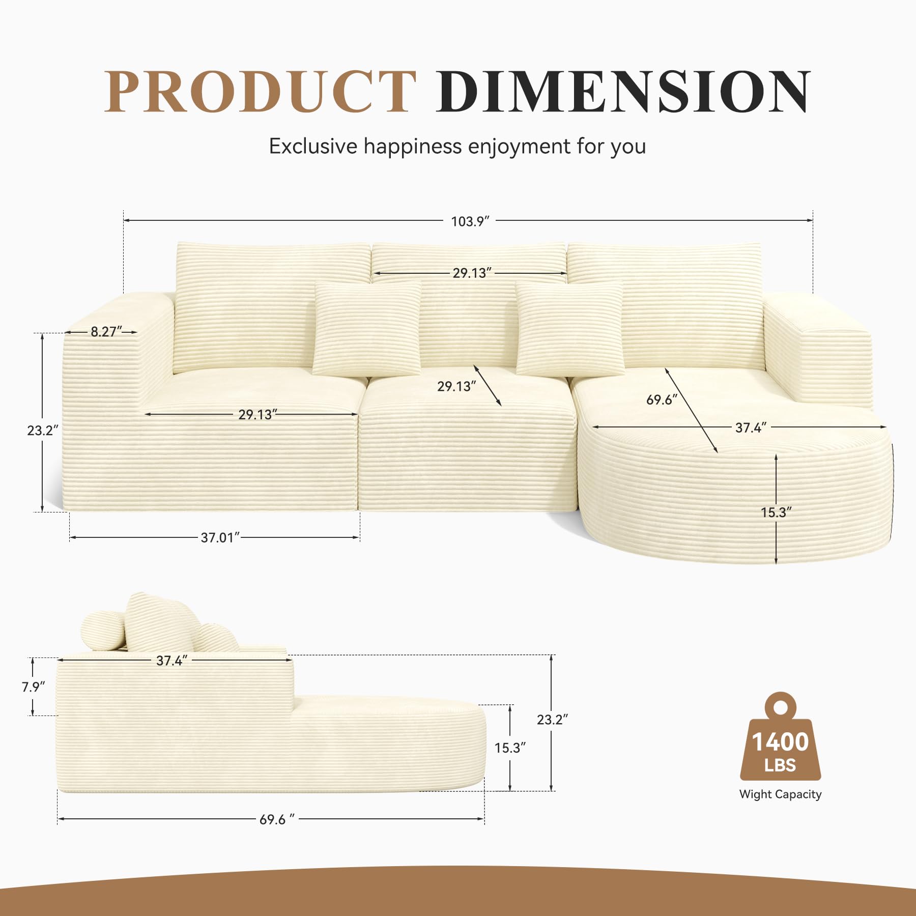 Hawthyhome Sofa mit Schlaffunktion rahmenloses Ecksofa L-Form Couch Installation-Free Cordstoff Ecksofa mit Rechts-Chaiselongue für Wohnzimmer 3 sitzer 264x177x59cm Beige