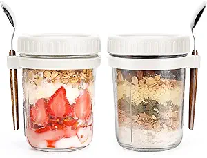 Overnight Oats Jars with Spoon and Lid 16 oz [2 Pack], Airtight Oatmeal Container with Measurement Marks, Mason Jars with Lid for Cereal On The Go Container (2pcs white)
