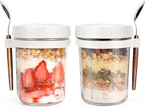 Overnight Oats Jars with Spoon and Lid 16 oz [2 Pack], Airtight Oatmeal Container with Measurement Marks, Mason Jars with Lid for Cereal On The Go Container 2pcs white