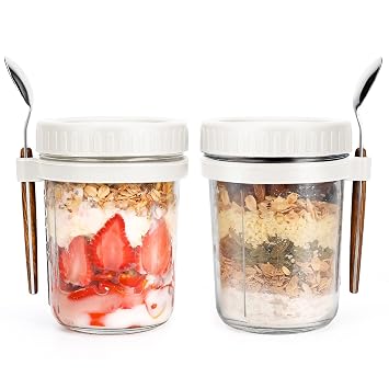 PFUM Glass Overnight Oats Jars With Spoon And Lid 16 Oz [2 Pack], Airtight Oatmeal Container With Measurement Marks, Mason Jars With Lid For Cereal On The Go Container (2Pcs White)