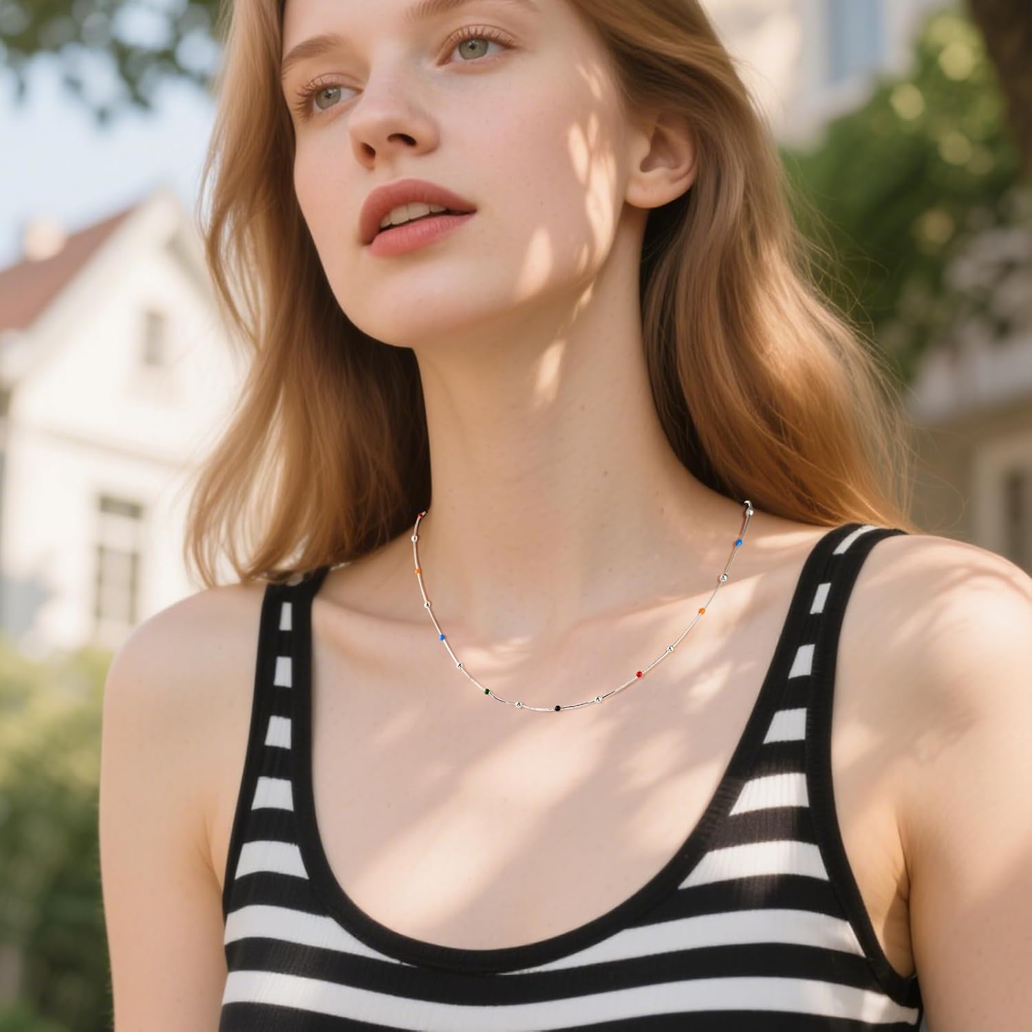 Thin Silver Necklace for Women Colorful Small Beaded Necklace Stacking Snake Chain Cute Jewelry - Image 2