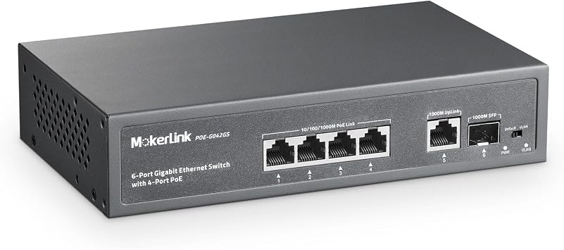 MokerLink 4 Port PoE Switch, 1 Gigabit Uplink, 1 SFP, IEEE802.3af/at 75W, PoE Watchdog AI Detection, QoS, Fanless Metal Plug & Play Ethernet Switch