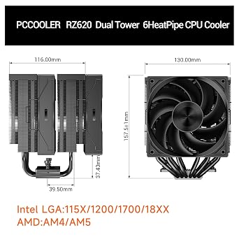 PCCOOLER RZ620 CPU Cooler TDP CPU Air Cooler Dual Tower CPU Fan 6 HeatPipe CPU Cooling System with Three Modes PWM Silent Fans, Easy Install Air Cooler for Intel LGA 115X/1200/1700,AMD AM4/AM5,BK