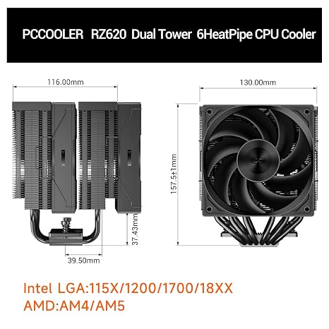 PCCOOLER RZ620 CPU Cooler TDP CPU Air Cooler Dual Tower CPU Fan 6 HeatPipe CPU Cooling System with Three Modes PWM Silent Fans, Easy Install Air Cooler for Intel LGA 115X/1200/1700,AMD AM4/AM5,BK