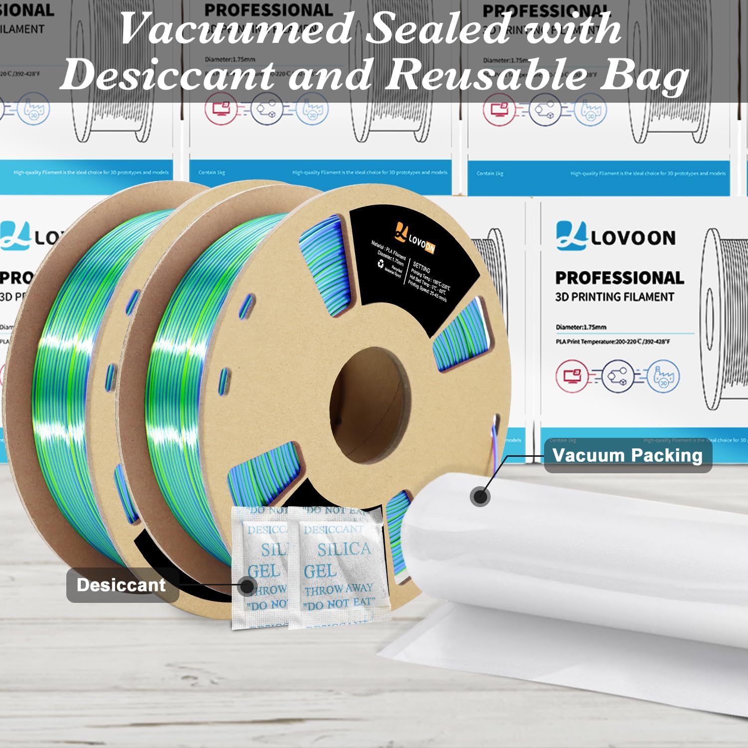 LOVOON Silk PLA 3D Printing Filament Bundle 2KG, PLA Filament 1.75mm Shiny Tricolor Pack Fast Color Change 3D Printer Filament, Get 2 Spools of Silk Blue/Green/Red, 1KG X 2 Spools