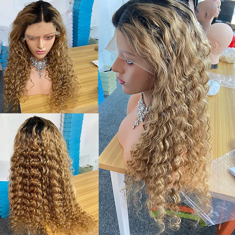 #1bT27 Highlight Color Curly Human Hair Wigs 180% Density Light Blonde HD Transparent Lace Front Wig 13x6 Lace Human Hair Wigs Pre Plucked Brazilian Remy Hair Glueless Wig For Black Women