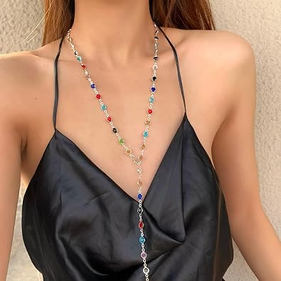 Rhinestone Long Chest Chain Y Necklace for Women Colorful Bead Crystal Chest Body Chain Y necklaces Jewelry