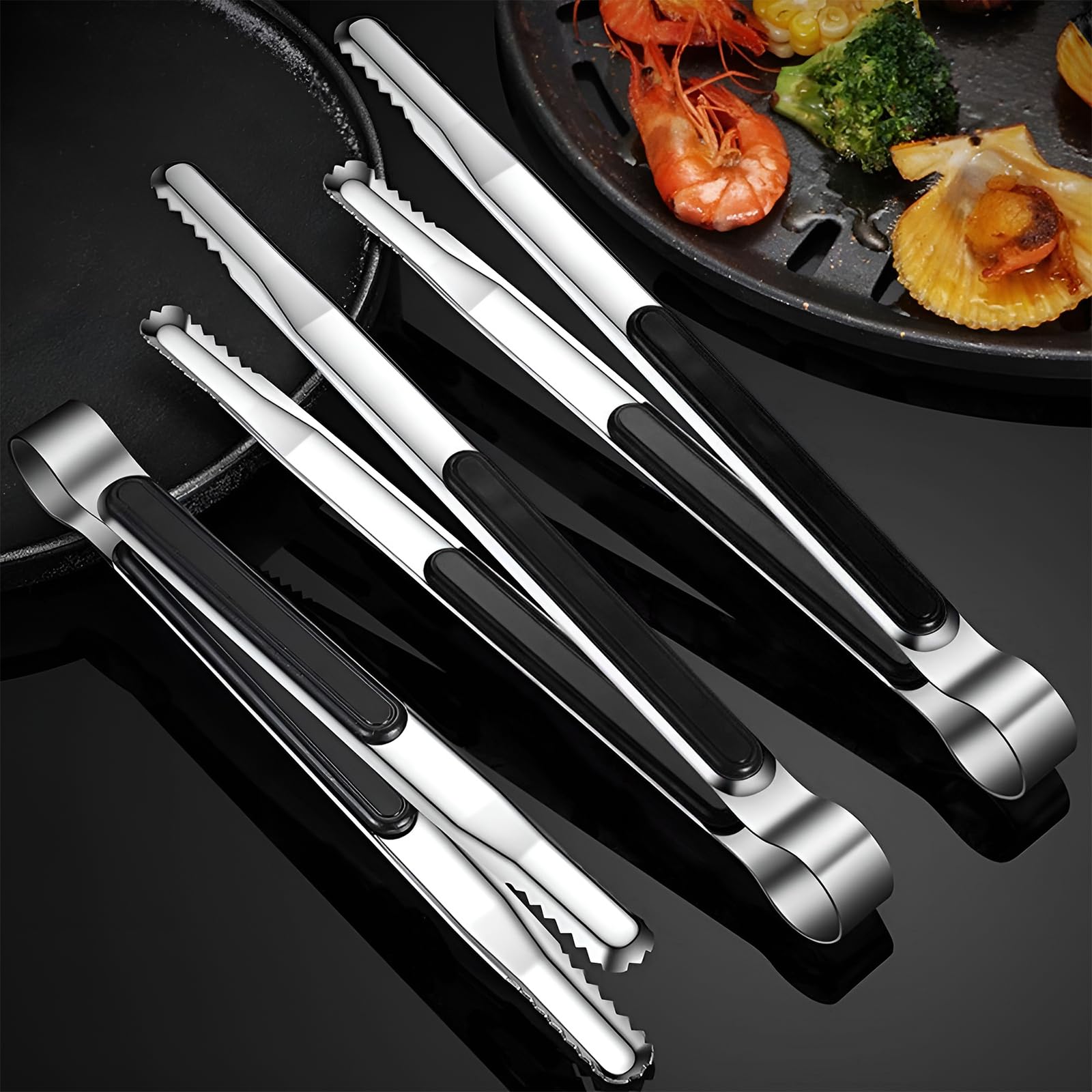 Juego de 3 pinzas de cocina de acero inoxidable para cocinar, 3 pinzas de metal (9, 10 y 12 pulgadas), pinzas para servir con agarre cómodo antideslizante para barbacoa, ensalada y parrilla 5