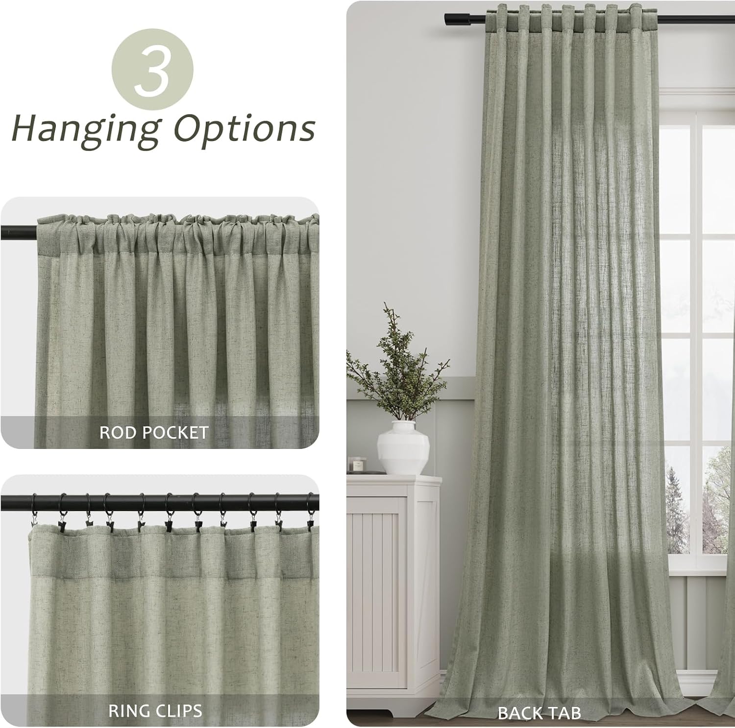 Sage Green Semi Sheer Linen Curtains 84 Inch Length 2 Panels Set Back Pocket Living Room Window Treatments Drapes Boho Farmhouse Light Green Curtain for Nursery Bedroom Closet Door 52x84