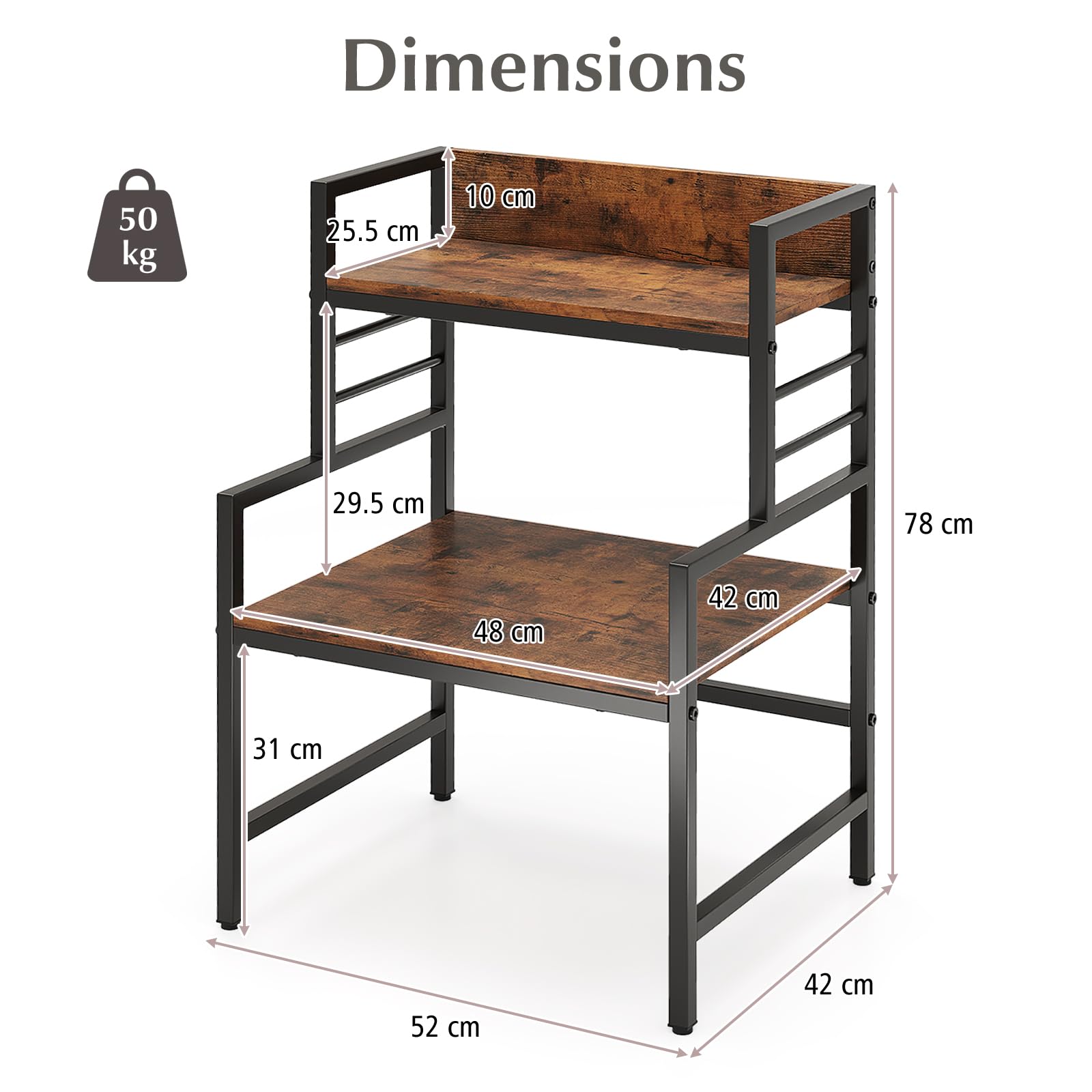 KOMFOTTEU Mensola Microonde 52 x 42 x 78 cm, Supporto Microonde con Piedini Regolabili e 2 Kit Antiribaltamento, Scaffale Salvaspazio da Cucina per Pentole, Padelle, Piatti e Ciotole, Marrone