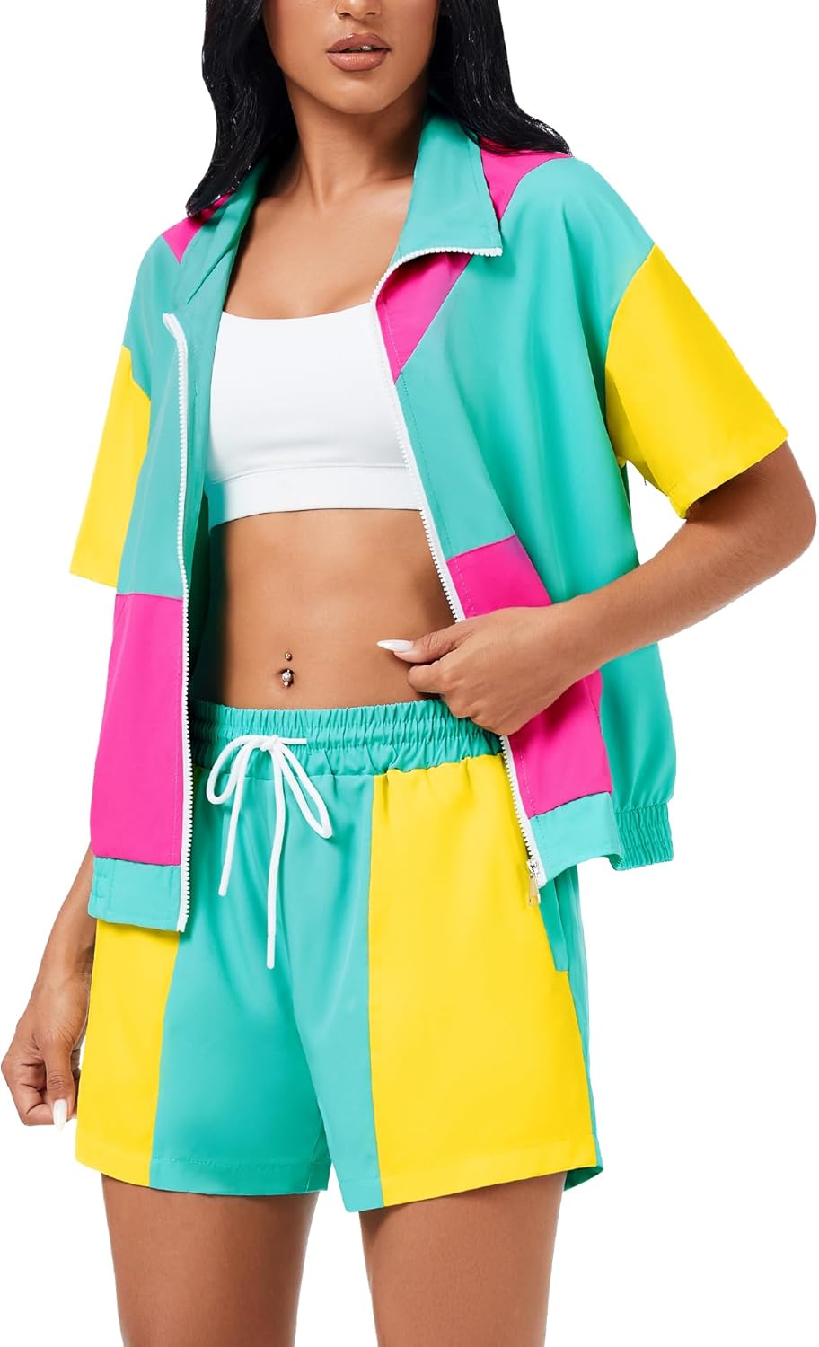 ZDT Women's Color Block 80s 90s Outfit 2 Piece Short Sleeve Costume Zip Up Windbreaker Track Suits Set - Image 3
