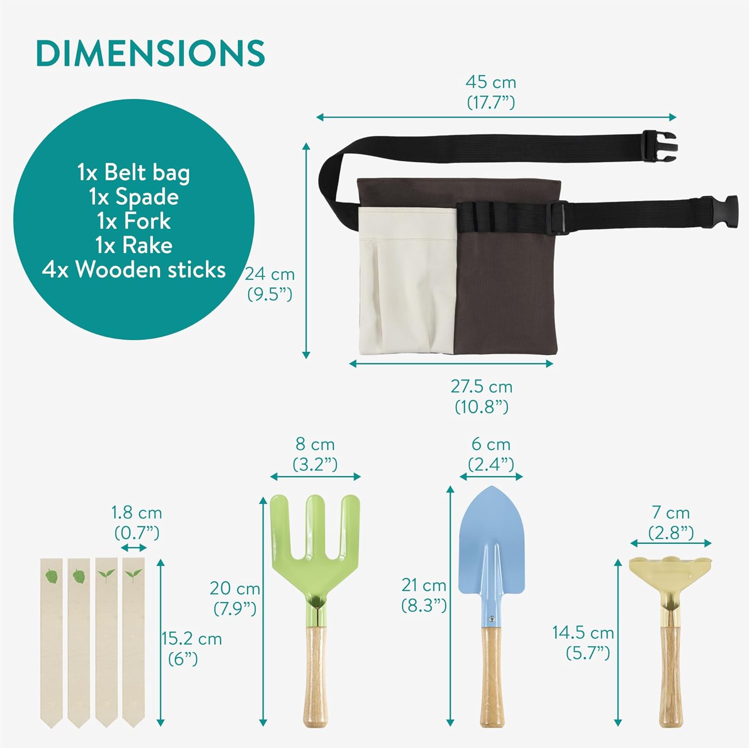 Navaris Kids Gardening Tools Set - Sturdy Wooden Garden Kit with Storage Belt Bag - Includes Rake Fork Spade & Seed Measuring Sticks - Fun and Educational for Children or Toddler