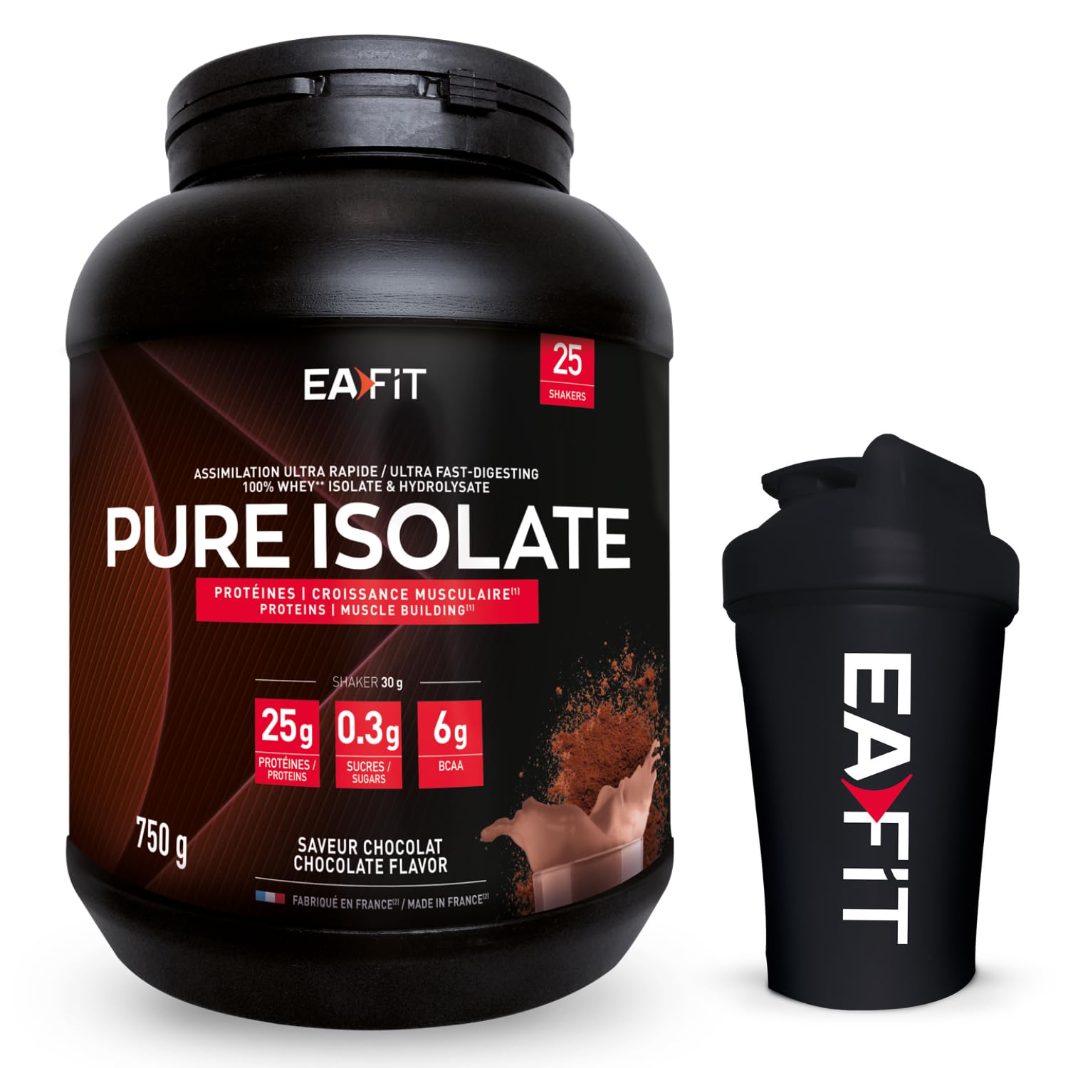 Pure Isolate chocolat 750g + shaker noir opaque EAFIT marque française | Whey Isolate Protéine Chocolat, Croissance Musculaire - Assimilation Rapide - Shaker Inclus - Marque Française, 750g