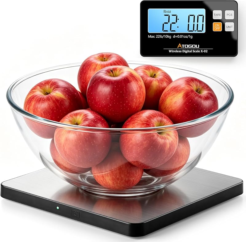 Báscula de cocina inalámbrica, báscula para alimentos de 22 lb/10 kg con pantalla desmontable | Precisión de 0.01oz/1g, Plataforma más grande, 9 unidades, Función de conteo, Acero inoxidable, para cocinar, hornear, enviar, Plata