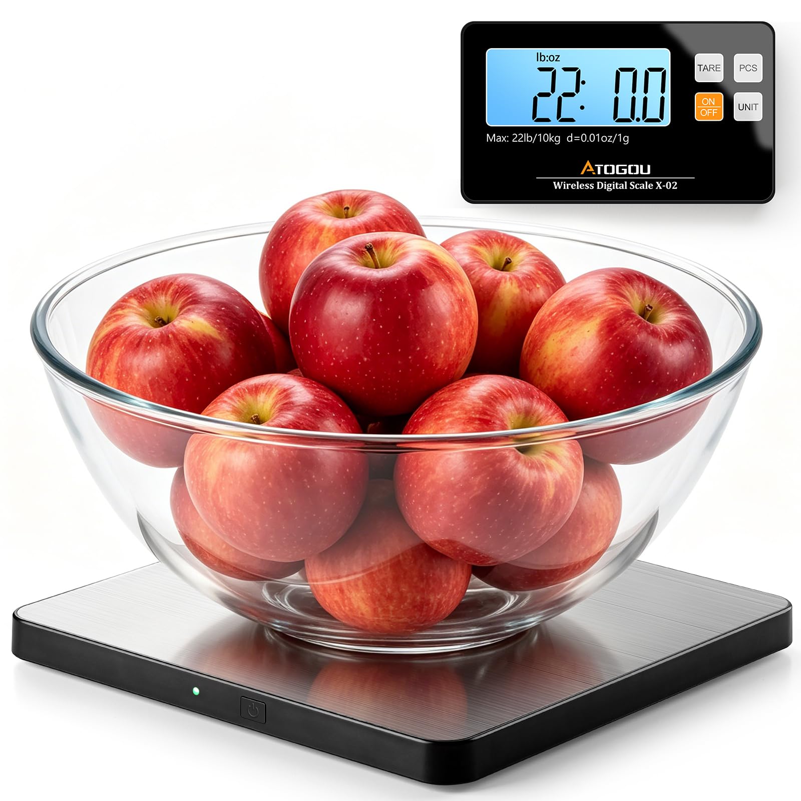 Atogou Báscula de cocina inalámbrica, 22 lb/10 kg con pantalla desmontable y plataforma más grande, 0.01oz/1g, 9 unidades, función de conteo, acero inoxidable, para cocinar, hornear, envío, plateado