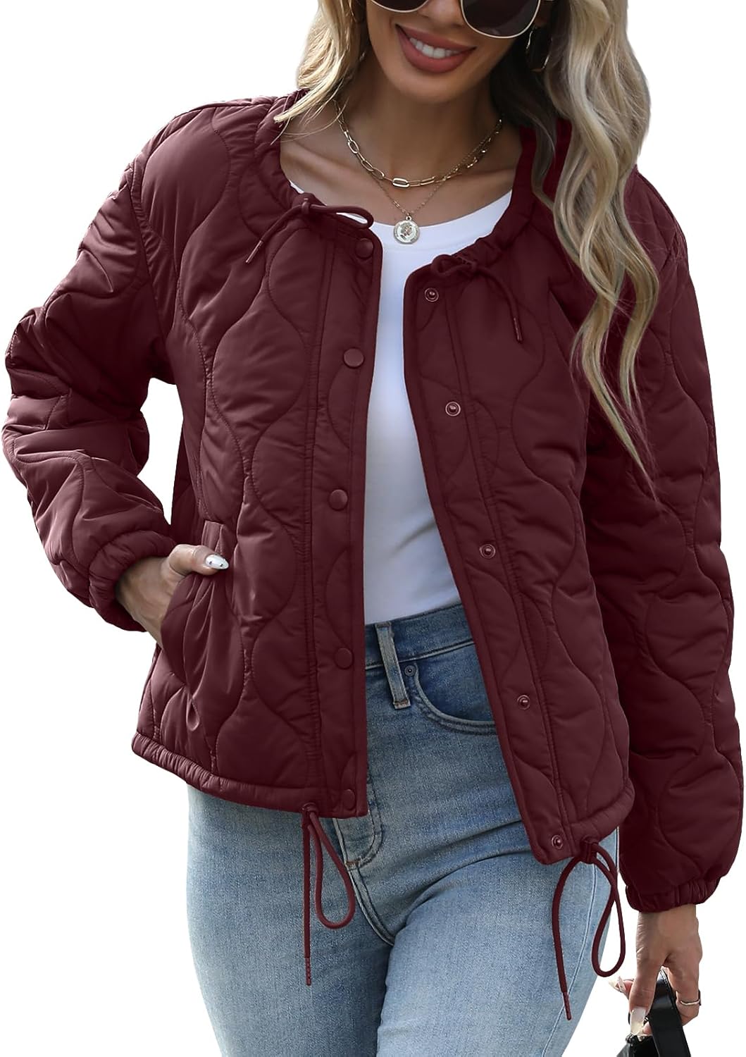 Quilted Jackets for Women Lightweight Cropped Long Sleeve Button Down Puffer Jacket Coat Outerwear