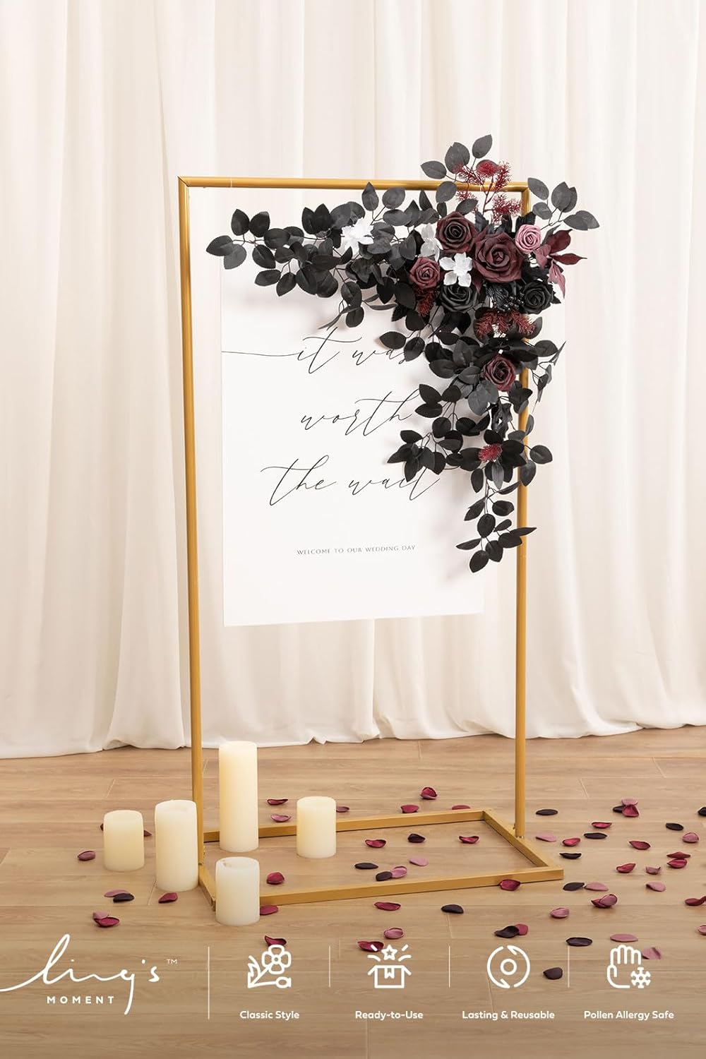 Ling's moment Wedding Artificial Welcome Sign Flowers Swag Arch Floral Garland Decorations Black Burgundy Ceremony Reception Entrance Entryway Party Banquets Easel Wall Home Outdoor(NOT Include Sign)