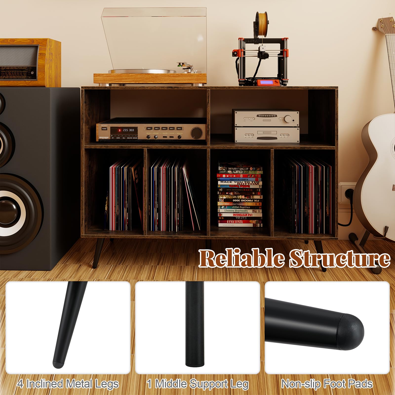 KOMFOTTEU Meuble Platine Vinyle à 3 Niveaux, Support de Tourne-Disque avec 4 Compartiments & 2 Étagères Ouvertes, Meuble Tourne-Disque, 100 x 40 x 74,5 cm (Marron, avec Station de Recharge)