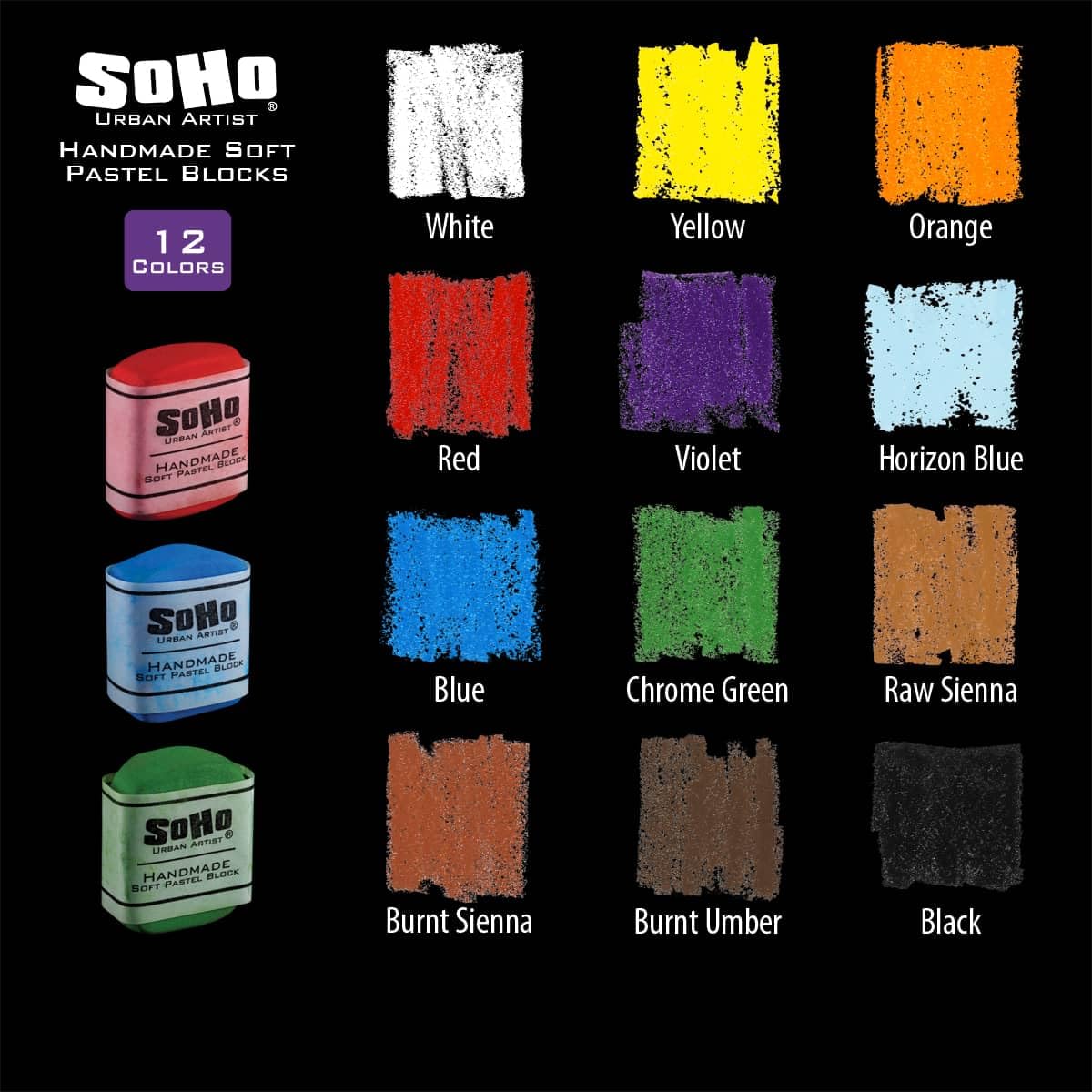Soho Urban Artist Handgefertigte, weiche Pastellblöcke, sortiert, Set mit 12 professionellen Pastellkreiden, samtige Farben zum Tonen von Papier, großflächigen Zeichnungen und Schichten, lichtecht und