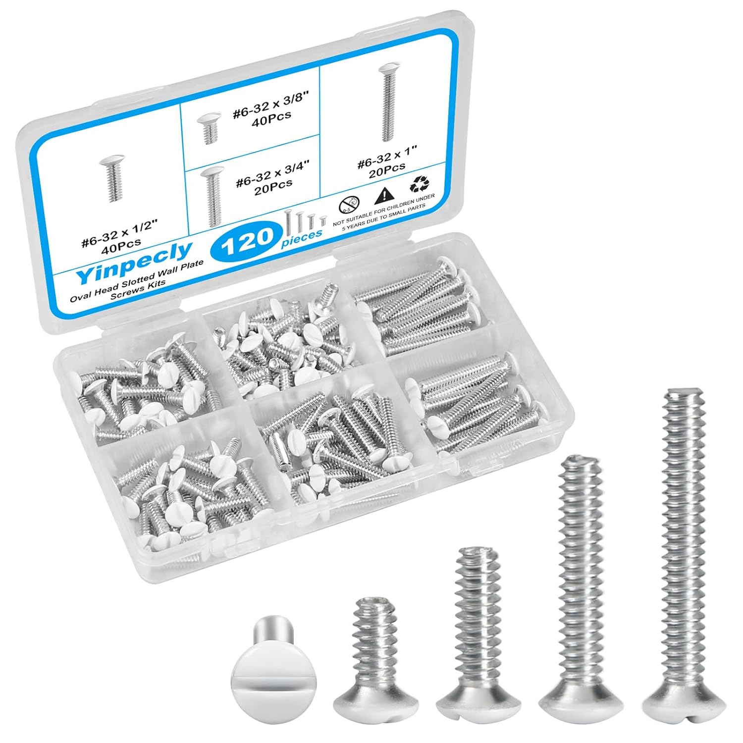 Yinpecly 120 PCS White Wall Plate Screws Kit, White Outlet Screws 6-32 Thread Electrical Cover Panel Switch Plate Screws 5 Length Sizes (3/8", 9/16", 3/4", 1", 1-3/16")