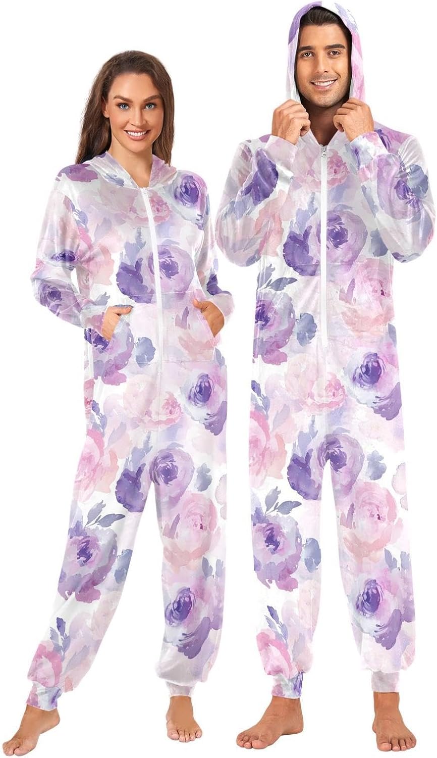ZZKKO Lavender Watercolor Rose Adult Onesie Pajamas for Women Men Cozy One Piece Pajamas Costume Zip-Up Hooded S-XL