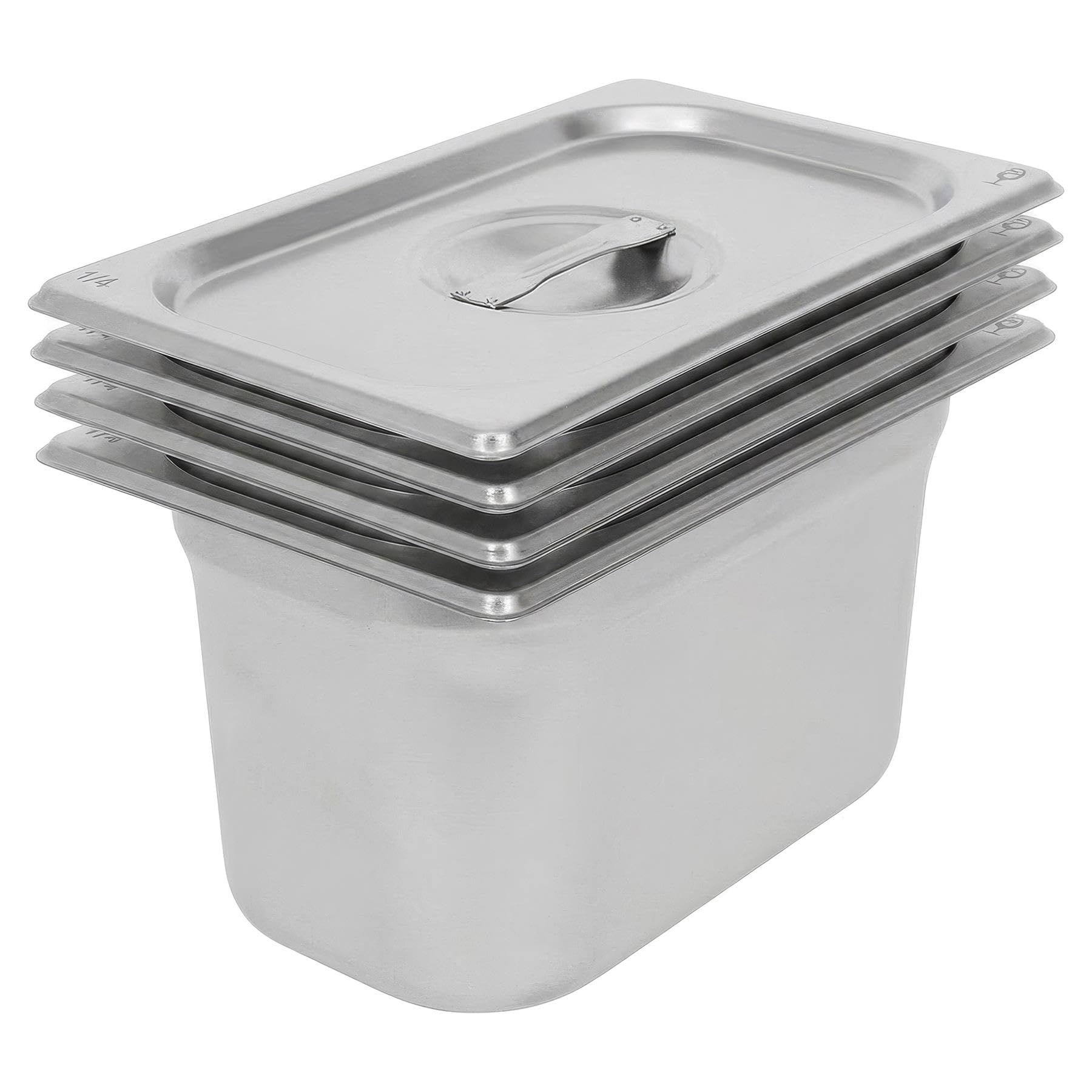 Argon Tableware 3.75L Gastronorm Containers with Lids 1/4 GN - Pack of 4 | 1/4 GN Pans with Lids, Pack of 4, 150mm Deep, 3.75L, Stainless Steel, Dishwasher Safe, Catering & Buffet Use