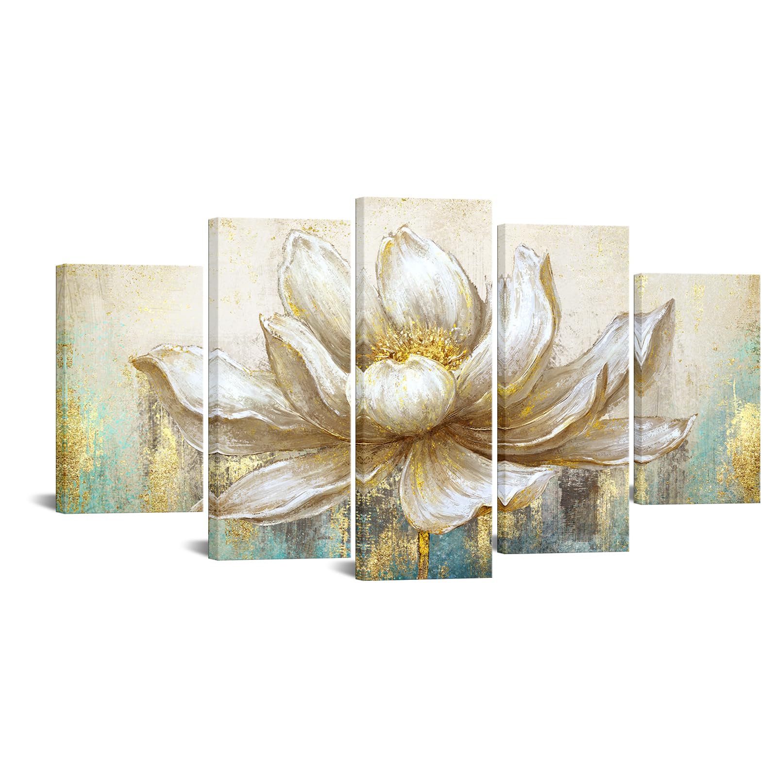 KREATIVE ARTS Large 5 Pieces Lotus Flower Blooming Wall Art Canvas Print Painting Modern Peaceful Still Life Artwork Zen Golden Floral Artwork for Meditation Room Decoration 60x32 Inches