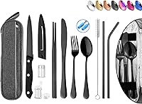 HOMMALY Portable Reusable Stainless Steel Travel Utensils Set with Case - Knife, Fork, Spoon, Chopsticks, Straw, Spice Jars for Camping Hiking (Black)