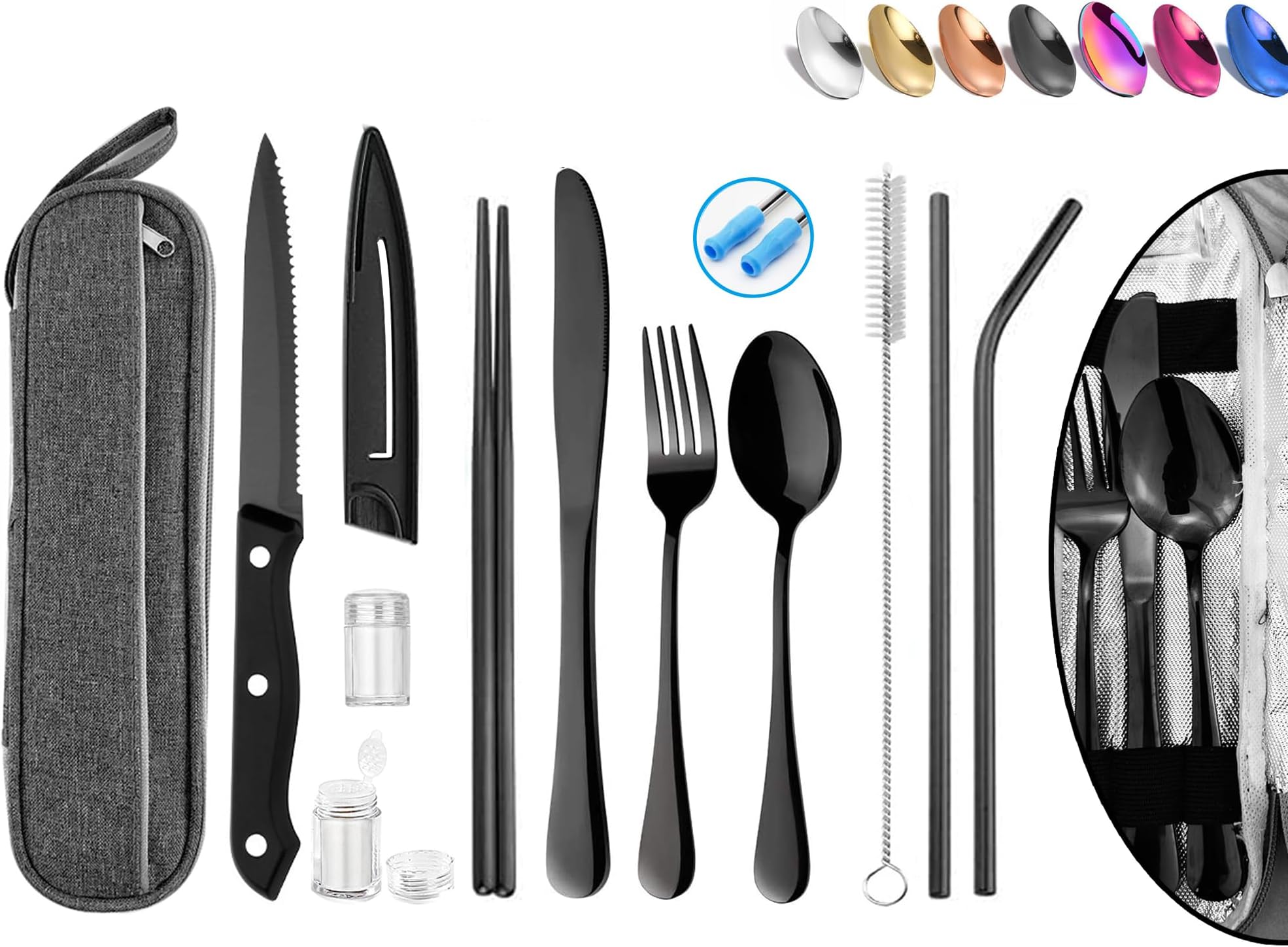 Portable Reusable Travel Utensils Silverware with Case,Travel Camping Cutlery set,Chopsticks and Straw, Flatware Cutlery with Case, Stainless steel Utensil set Top (Black)