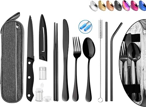 Utensilios de Viaje Reutilizables Portátiles Cubiertos con Estuche, Juego de Cubiertos de Viaje para Camping, Palillos y Pajita, Cubiertos con