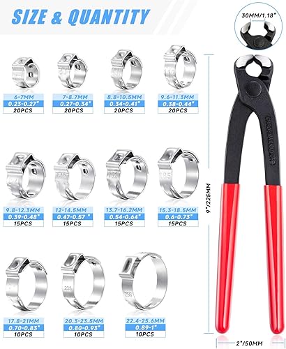 Miniatura 5 de 145 abrazaderas de manguera de oreja única, 8 tamaños 0.236-0.925 in 304 Stianless acero Cinch Clamp Rings Surtido Kit para conexiones de montaje de