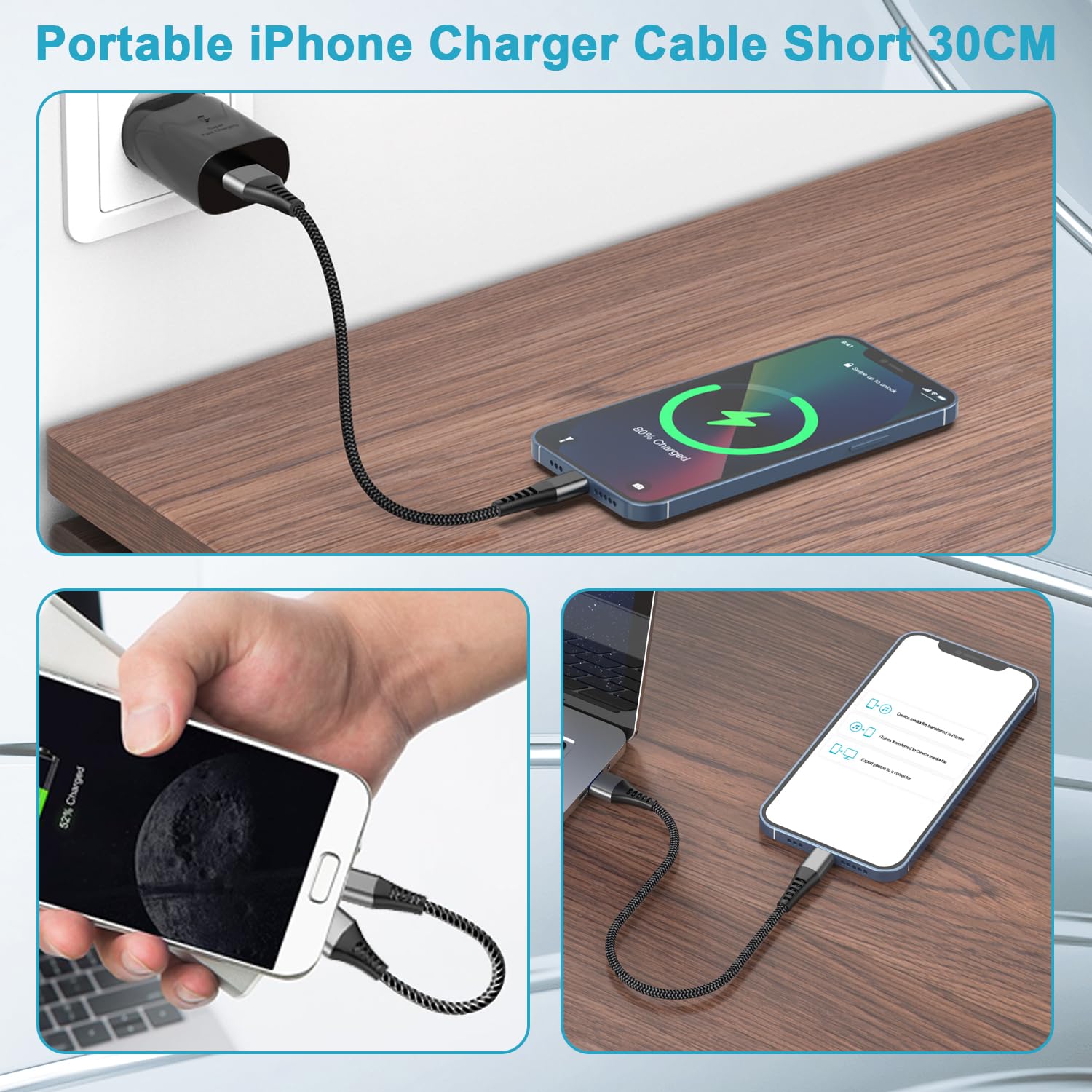 Câble iPhone Court [Certifiés MFi], Câble Chargeur iPhone 30CM 2Pack, Court Câble Lightning USB Cable iPhone Charge Rapide Nylon Cordon iPhone Fil Chargeur pour iPhone 14/13/12/11/XS MAX/XR/8/7/6/SE