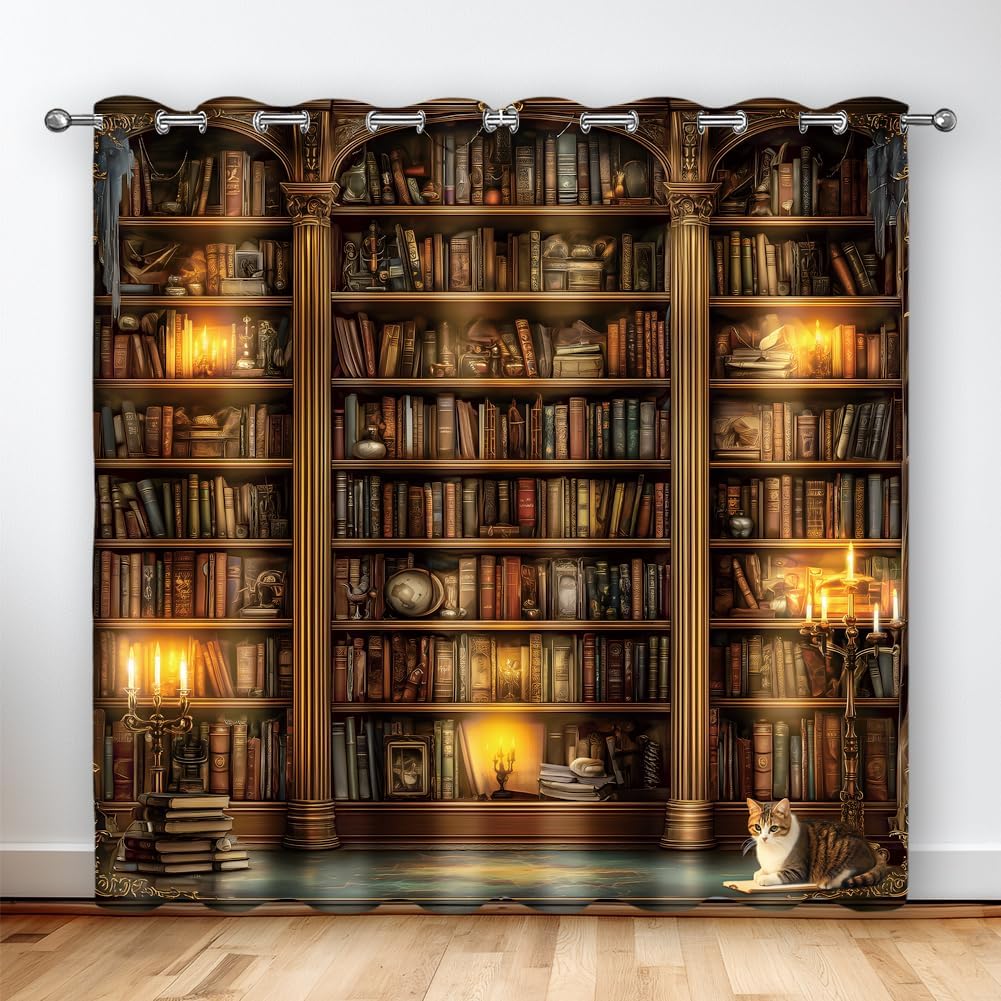 SUPERDANT Vintage Bookshelf Blackout Curtains Library Books Bookcase Cat Window Curtain Black Out Grommet Shading Drapes for Home Bedroom Living Room Study Classroom Decor 2 Panel Set