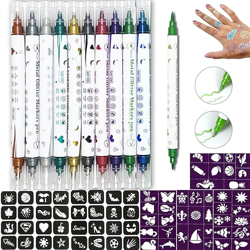 Marcadores temporales de tatuaje para piel, 10 colores marcadores corporales + 72 plantillas de pintura, color metal, doble extremo, grueso y fino,