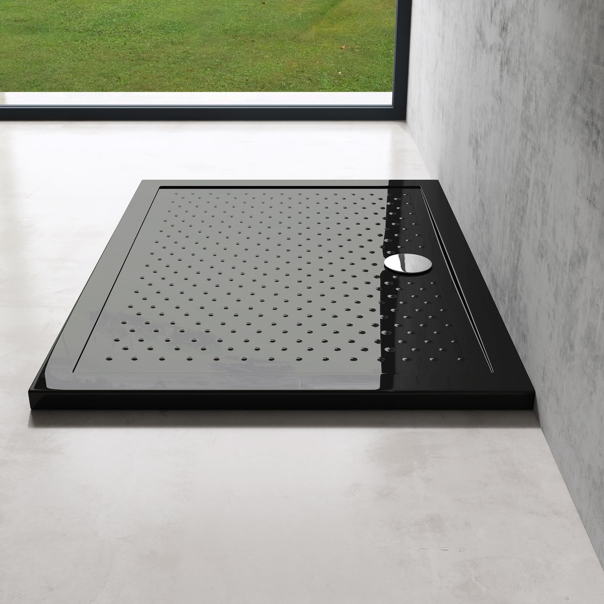 doporro Plato de Ducha Rectangular Antideslizante 70x100x4 cm – Acrílico Negro, Conexiones DIN, Instalación a Ras de Suelo – Lucia02