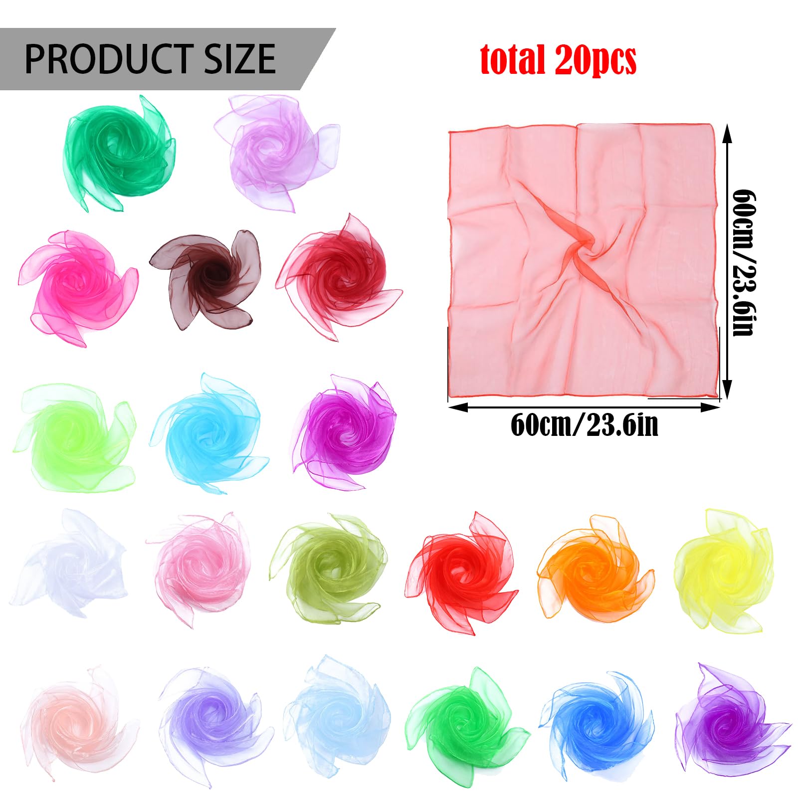 Genérico 20 Pañuelos de Malabares, Pañuelos de Colores, Pañuelos de Baile, Bufandas Malabares Pañuelos Mágicos para Fiestas Infantiles y Juegos Malabares 60 x 60 cm — view 2