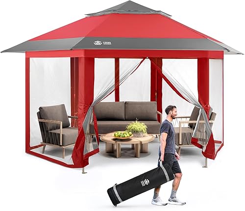 Miniatura 9 de CROWN SHADES Gazebo desplegable de 13 x 13 pulgadas con mosquiteras, kiosco portátil patentado de 6 caras, tela recubierta plateada 300D, resistente
