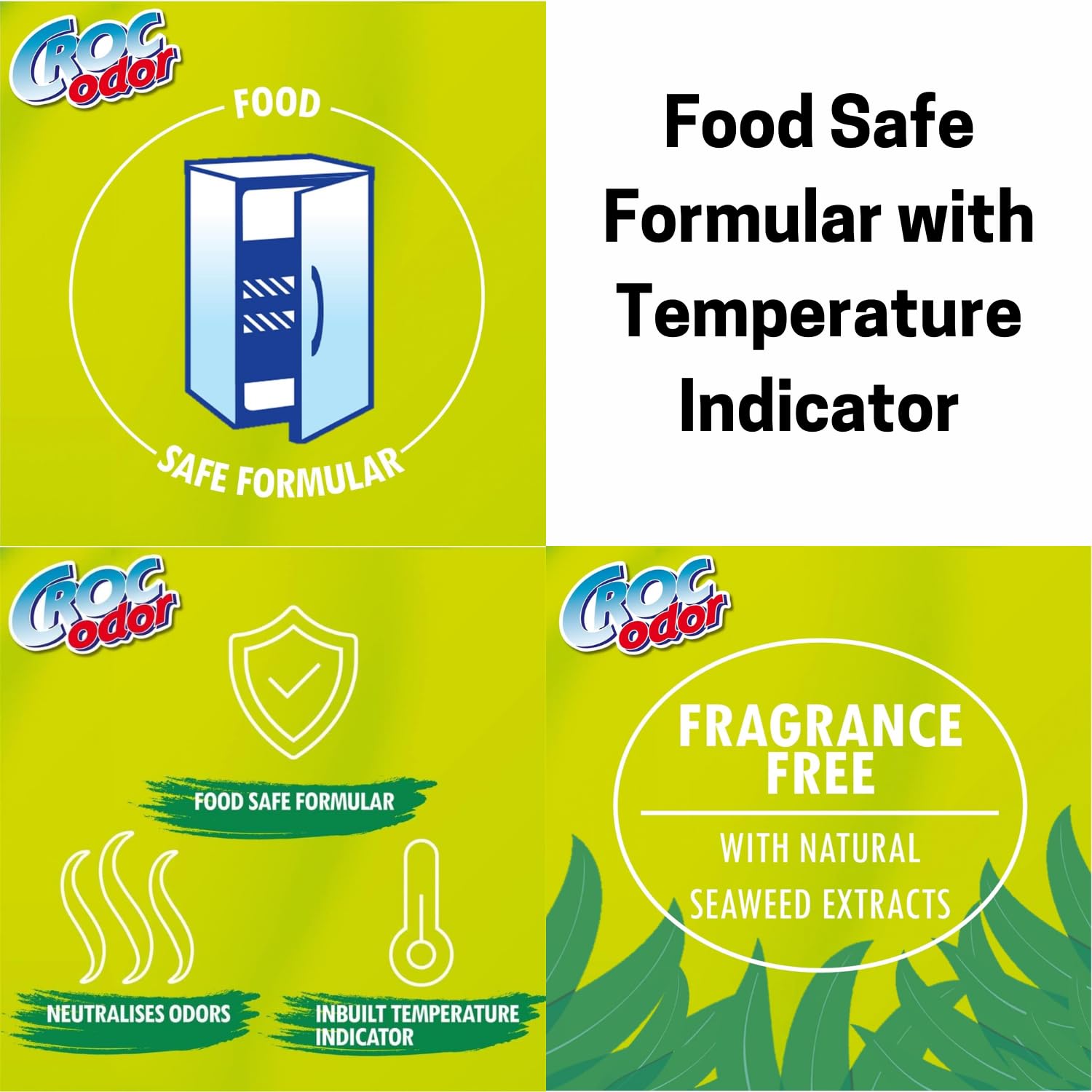 Croc'Odor, deodorante per frigorifero, confezione da 2 pezzi, con ganci adesivi trasparenti, senza profumo, formula per alimenti con indicatore di temperatura, 2 x 33 g, la confezione può vari