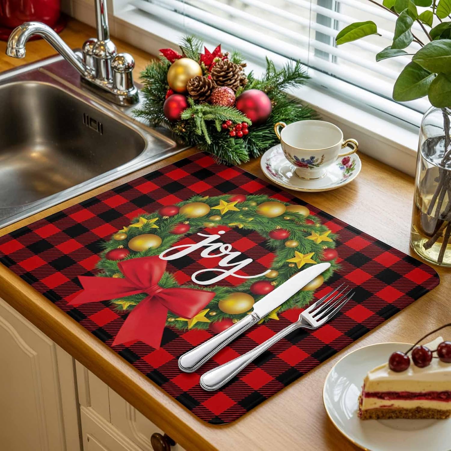 Christmas Wreath Dish Drying Mats for Kitchen Counter,Absorbent Microfiber Dish Drainer Rack Mat Text Red Black Buffalo Check Drying Pad for Sinks,Utensils,Countertops,18x24in