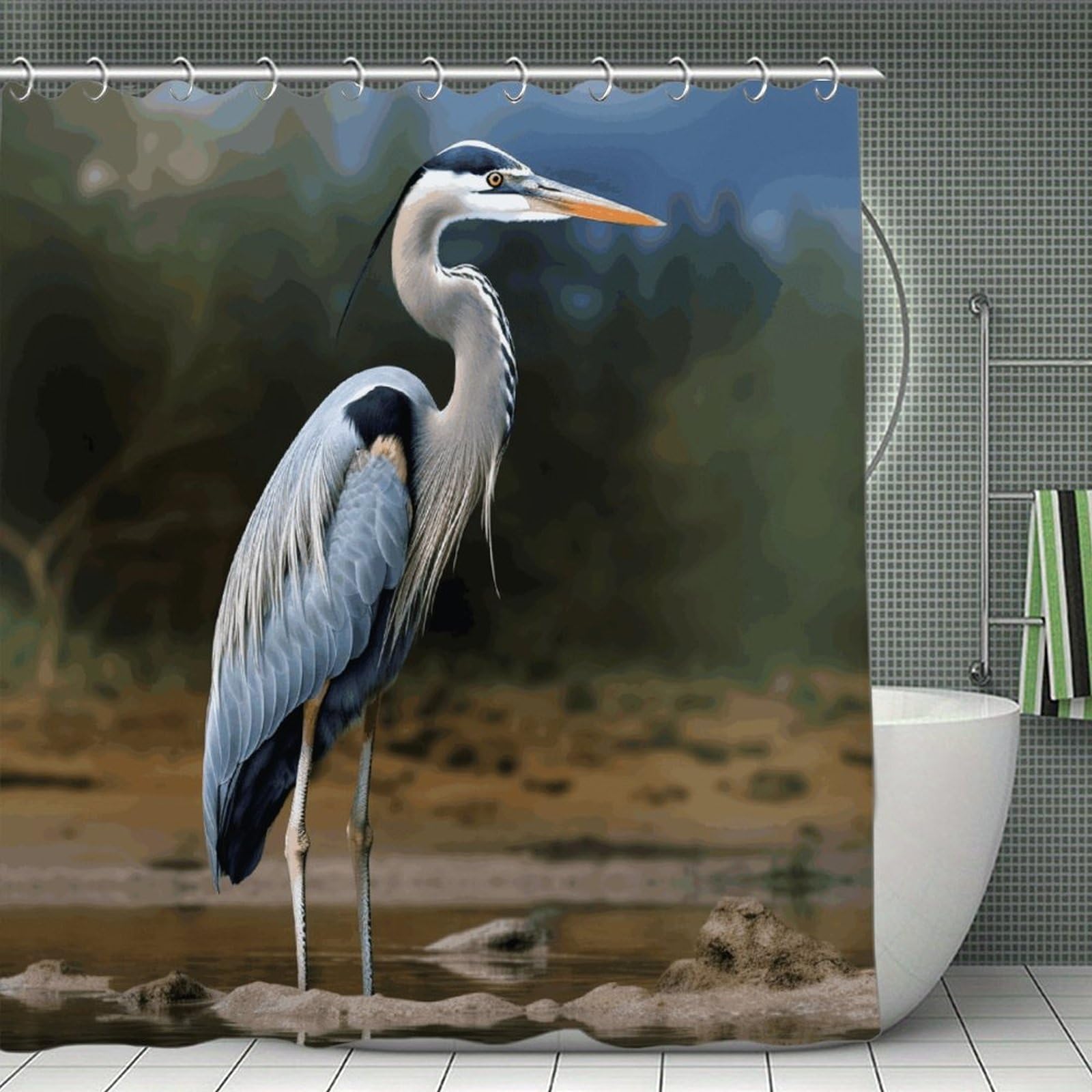 VstaDank Heron Shower Curtain Waterproof Bathroom Curtain with Hooks Luxury Weighted Bath Curtains for Bathtubs Showers Room Dividers Decorative Shower Curtains 71x71 in