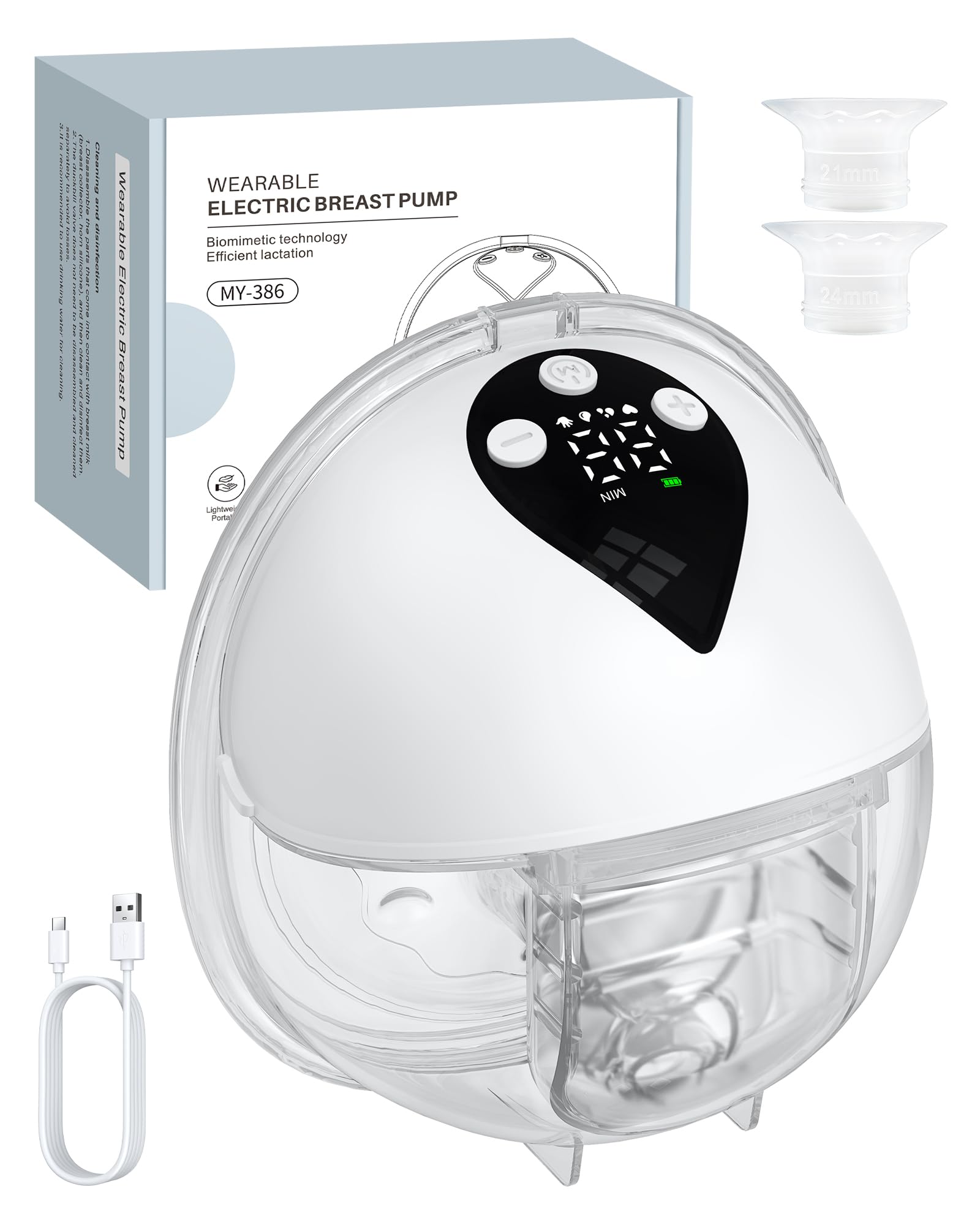 eSynic 1PZ Tiralatte Elettrico Senza Mani con Flangia 27/24/21mm, 4 Modalità & 12 Livelli di Intensità, 150ML Tiralatte Indossabile con Batteria Ricaricabile e Display LED, Auto Spento Dopo 20 Minuti