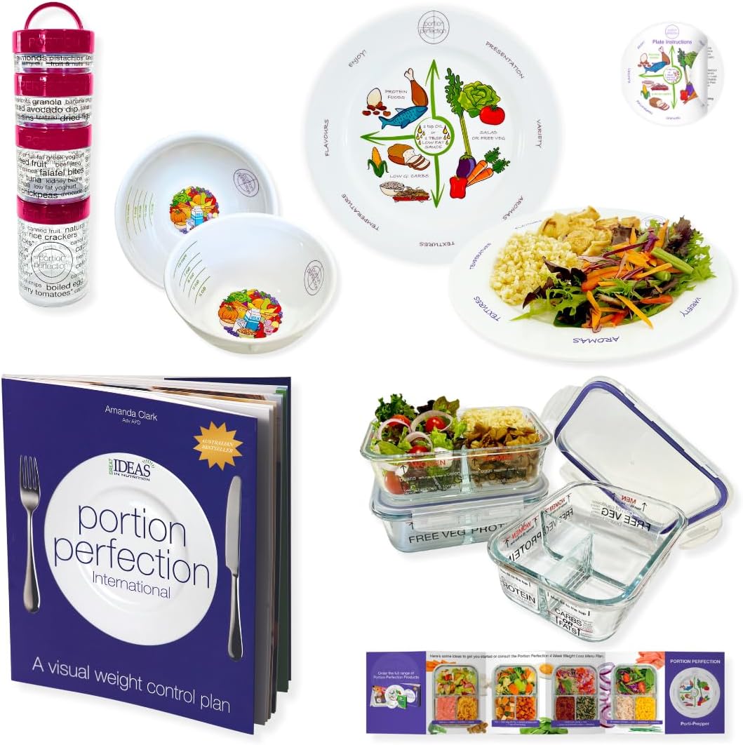 Portion Control Plates Bowls Porcelain 10 Inch and with Clear Instruction Book, Meal Prep/Lunchbox Borosilicate Glass Containers and 100 Cal Snack Containers for Weight Loss