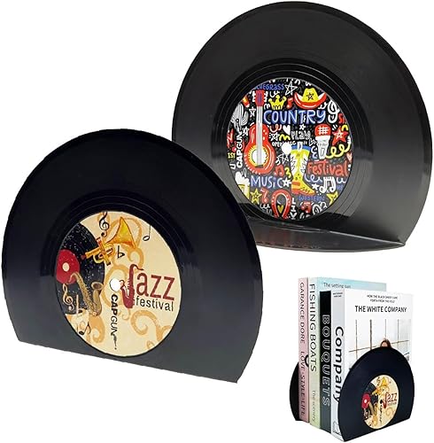 Sujetalibros modernos para estantes, sujetalibros retro para discos de vinilo, juego de sujetalibros con decoración de música vintage, tapón