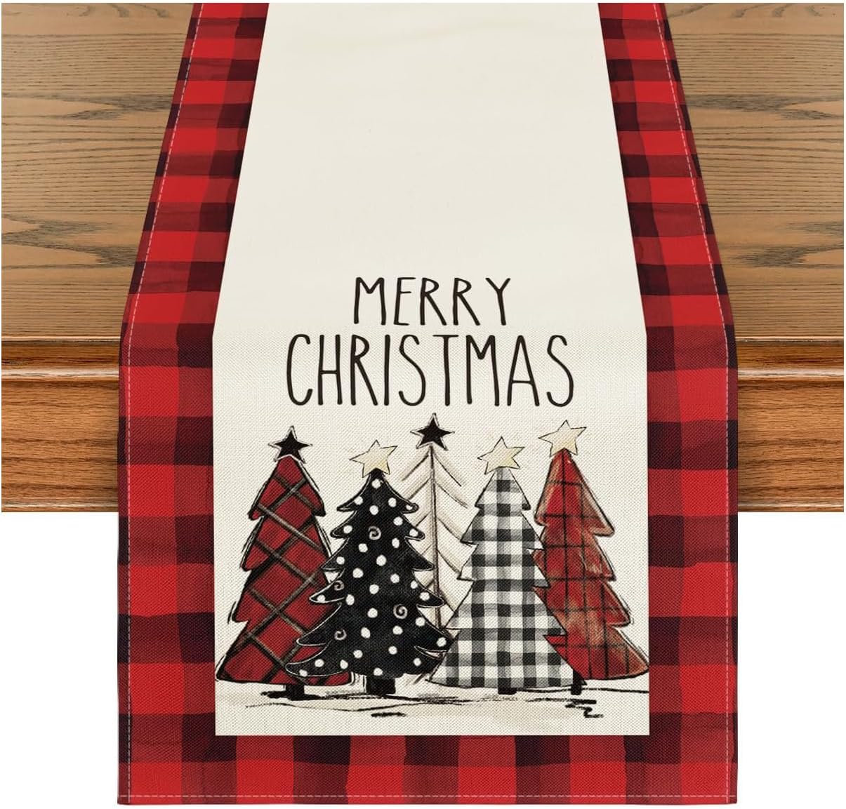 Christmas Trees Merry Xmas Table Runner, Seasonal Winter Holiday Kitchen Dining Table Decoration for Indoor Outdoor Home Party Decor 175 x30 cm