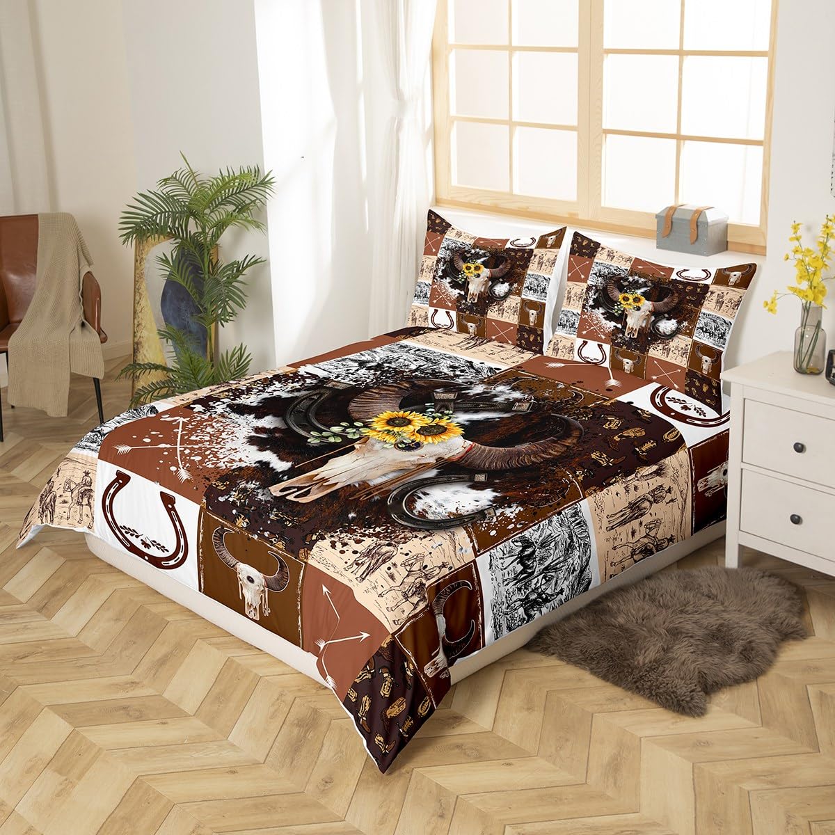 Cowboys Duvet Cover,Southwest Style Horseshoes Comforter Cover King,Retro Bull Skull Cowhide Bedspread Cover for Child Kids Boys Teens Farmhouse Theme Check Bedding Set for Bedroom Decor,No Comforter
